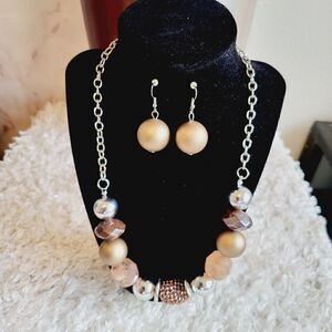 New! Chunky neutral colors beaded stone necklace with earrings